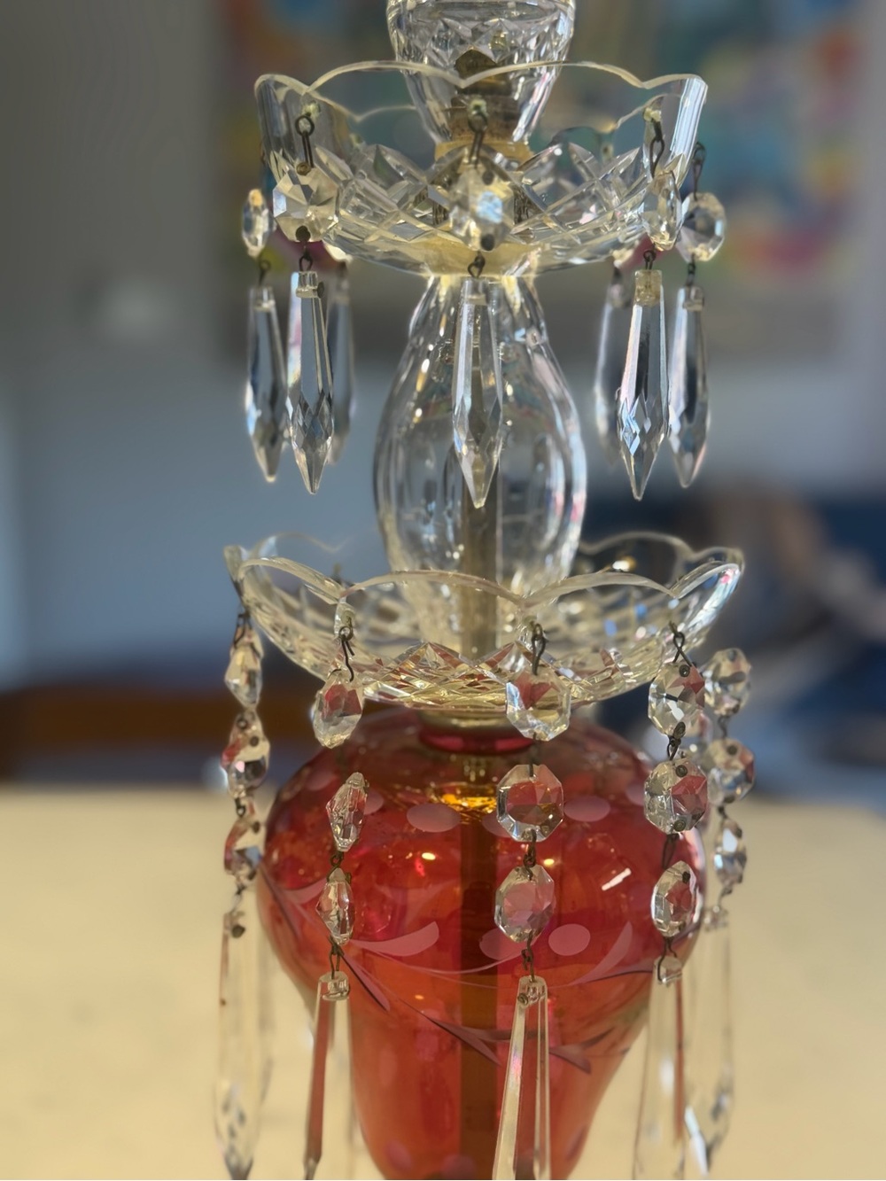 Vintage Pair GIM Cranberry Glass Hurricane Candle Lamps Crystal Prisms Boudoir - Picture 3 of 16